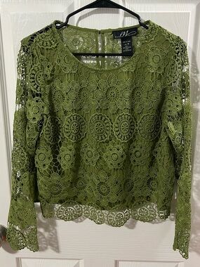 Midnight Velvet olive green floral crochet lace long-sleeve blouse. Elegant top